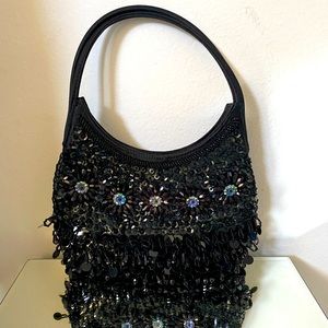 Women's Ann Taylor Loft Black Sequin Beaded Fringe Evening Bag